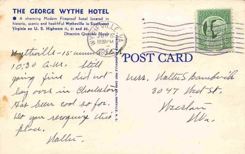 George Wythe Hotel Wytheville Virginia 1944 linen postcard