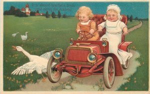 Postcard C-1910 PFB Children auto trip geese humor 23-11248