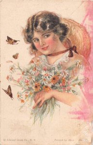 L352 Sweet Girl 1912 Daisies Bouquet Butterflies White Dress Hat postcard