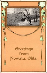 Postcard Greetings from Nowata, Oklahoma Landscape Art Deco Florals