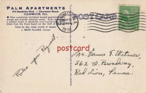 1939 PALM APARTMENTS Clearwater FL J. Ward Palmer Owner, to Mr. Vernon Witmer