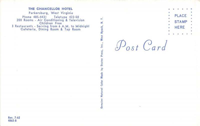 Parkersburg West Virginia 1960s Postcard The Chancellor Hotel