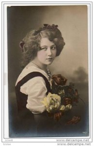 RP Edwardian Pretty Lady / Girl Fashion  hand tinted photo postcard , 1900's ...