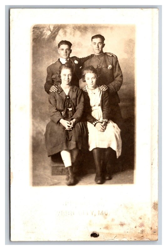 RPPC Studio View Two Men in Uniform and Badges w 2 Women UNP Postcard S18