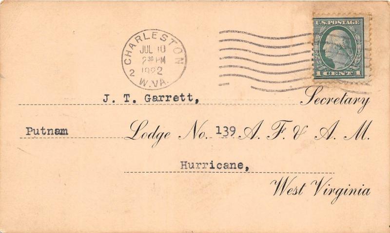 D68/ Charleston West Virginia WV Postcard 1922 Fraternity Masonic Lodge Receipt