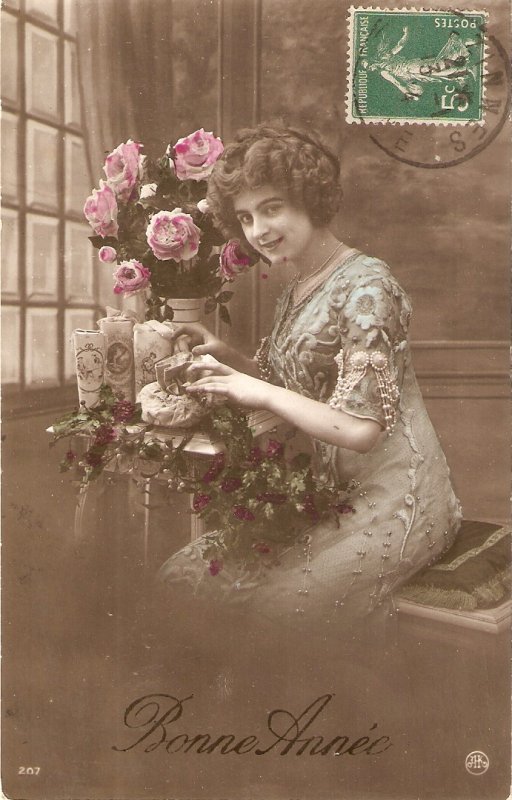 Elegant lady. Pink roses in vase Old vintage French New Year Greetings PC