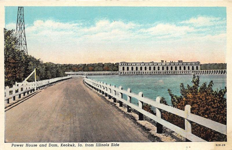 Keokuk Iowa~Power House & Dam on Mississippi (View from Illinois)~1940s Postcard