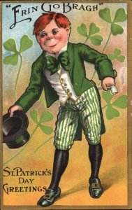 St Patrick's Day Little Red Haired Irish Boy with Top Hat c1910 Vintage Postcard