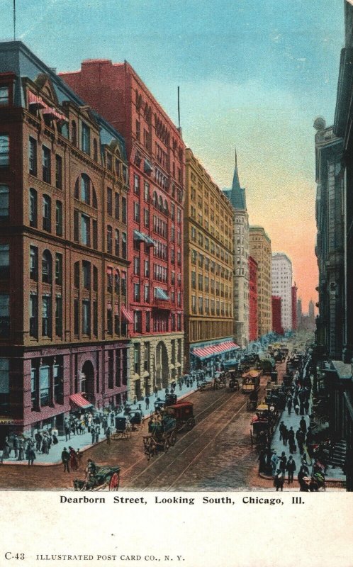 VINTAGE POSTCARD EARLY SCENE DEARBORN STREET CHICAGO ILL TROLLEYS HORSES PEOPLE