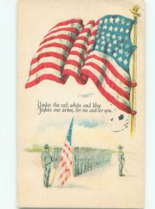 Pre-Linen Patriotic USA ARMY SOLDIERS UNDER USA FLAG AC0890