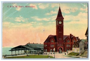 Milwaukee Wisconsin WI Postcard C & N W Depot Train Station Clock Tower 1912