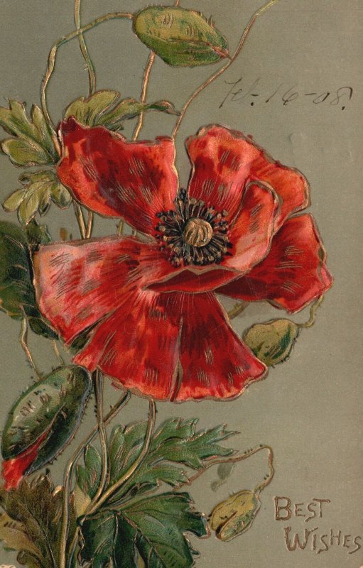 Vintage Postcard 1908 Best Wishes Red Flowers Floral Bloom Greetings