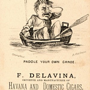 c1880s PORTLAND, Maine Delavina Havana Cigar Shop Trade Card Scared Boy Canoe C2