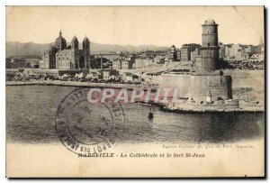 Postcard Old Marseille cathedral and the Fort St. John