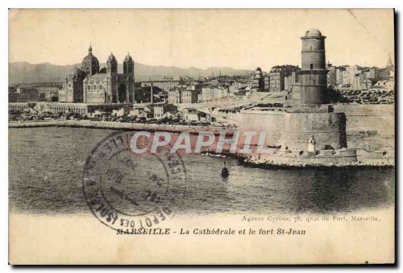 Postcard Old Marseille cathedral and the Fort St. John