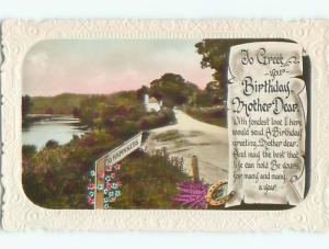 circa 1910 tinted rppc BIRTHDAY GREETING FOR BROTHER - ROAD BY RIVER o2637