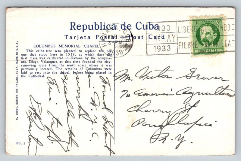 1939  Havana  Cuba  Columbus Memorial Chapel  Postcard