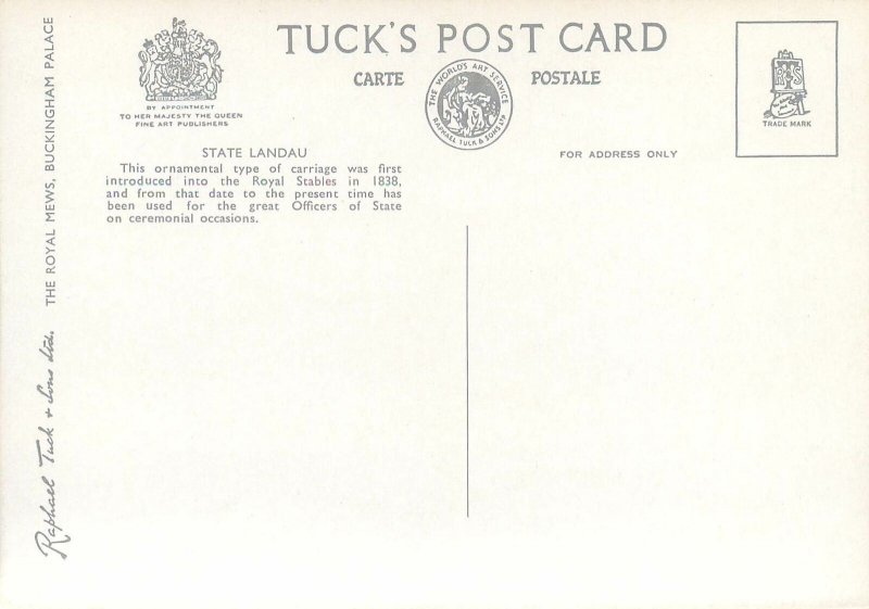 Royal Mews Buckingham Palace Tuck Postcard State Landau