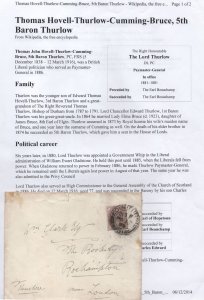 Thomas Hovell Thurlow 5th Baron Victorian MP Envelope