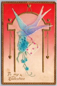 Vtg To My Valentine Forget Me Nots Bird Gold Gilt Embossed 1910s Postcard