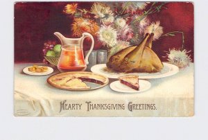 ANTIQUE POSTCARD THANKSGIVING CLAPSADDLE HEARTY GREETINGS DINNER TABLE TURKEY PI