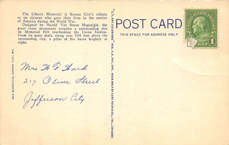 Kansas City Missouri 1930s Postcard Liberty Memorial at Night 