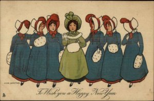 New Year Girls in Bonnet Hats & Blue & Green Winter Coats Dix Sandford TUCK