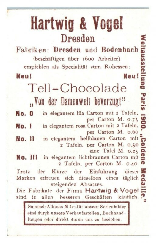 Evchen & Walther Stolzing, Hartwig & Vogel Tell Chocolate German Trade Card