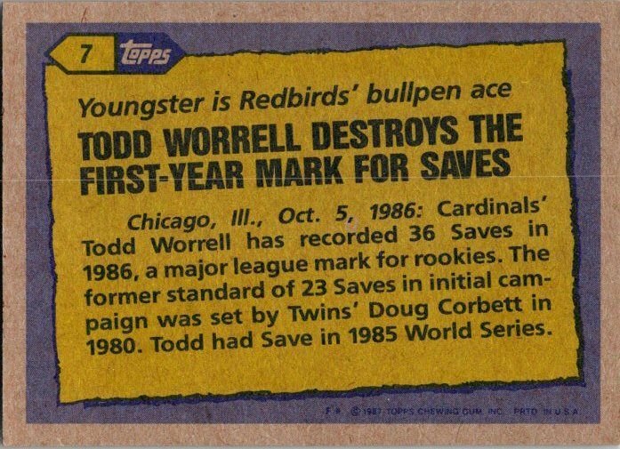 1987 Topps Baseball Card '86 Record Breaker Todd Worrels Cardinals s3139