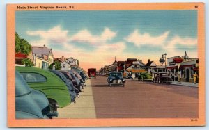 VIRGINIA BEACH, VA ~ 1951 ~MAIN STREET SCENE c1930s Cars Linen Postcard