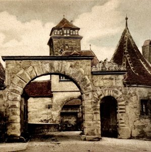 Rodertor Castle Gothic Postcard Germany Tinted Rothensburg c1930-40s PCBG8A