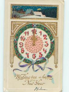 Surface Wear Pre-Linen new year CLOCK WITH PINE BORDER AND BLUE RIBBON HQ8010