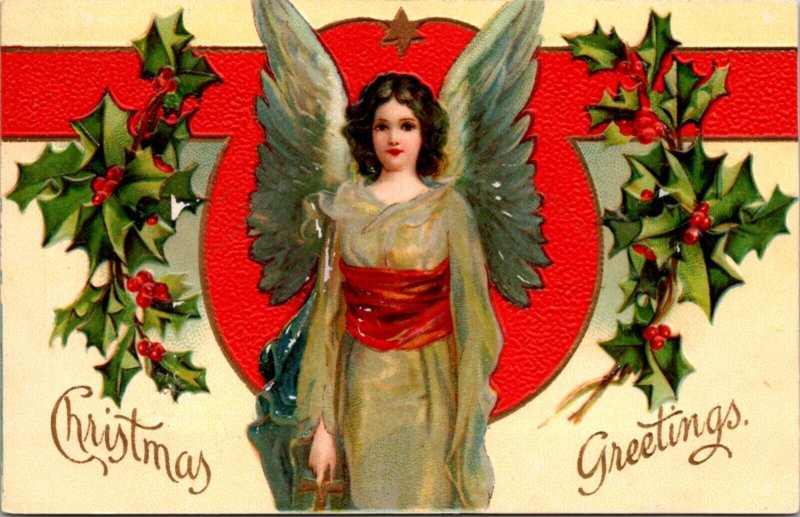 Christmas Greetings Postcard Beautiful Angel Woman with Holly