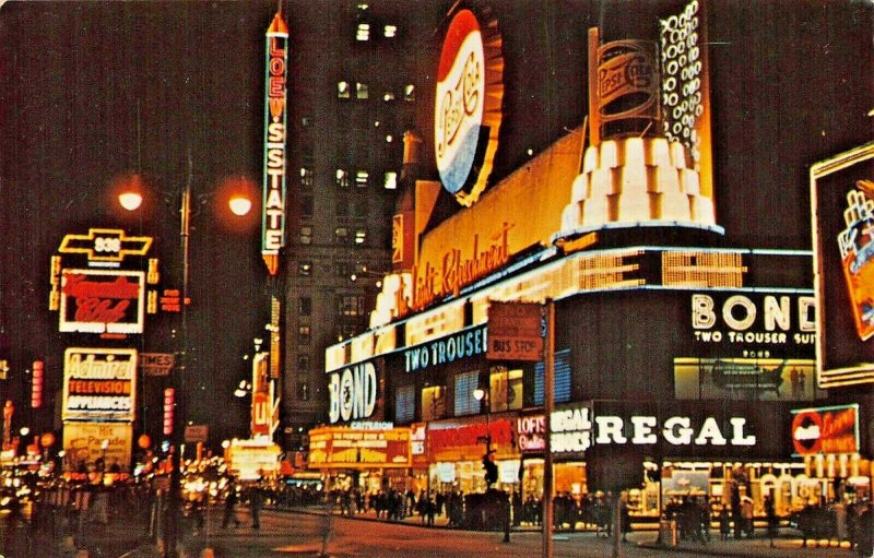 NEW YORK CITY-TIMES SQUARE AT NIGHT-LARGE PEPSI BUTTON-CIGARETTE POSTCARD 1960s