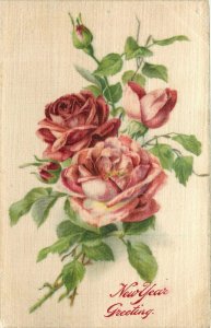 Silk Roses New Years greeting C-1910 Postcard 24-8394