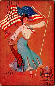 Artist Signed St John Patriotic National Lady Flag & Cornucopia 1909 Postcard