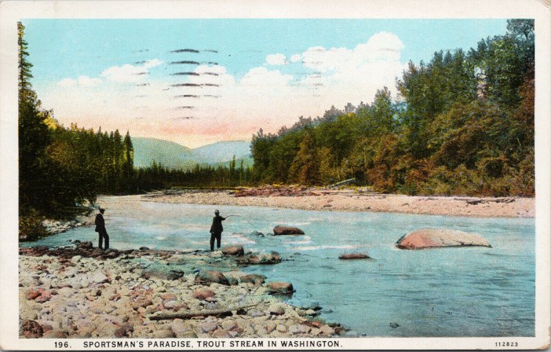 Sportsman's Paradise Trout Stream WA Fishermen Fishing c1929 Postcard F14