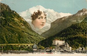Switzerland Interlaken panorama mountains lady face surrealism postcard 1908