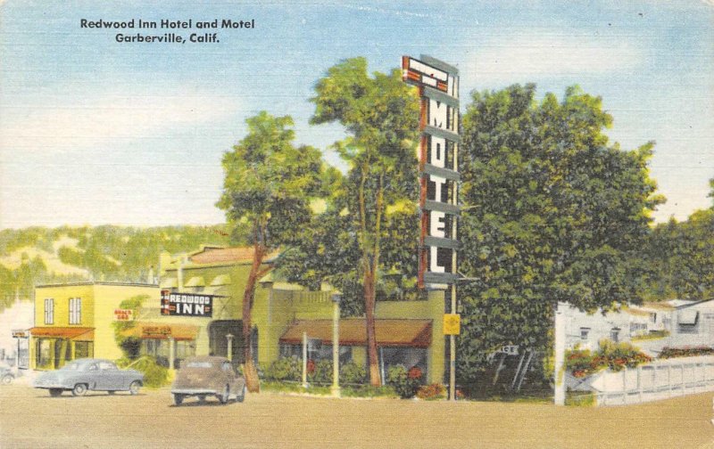 REDWOOD INN Garberville, CA Roadside Hotel & Motel ca 1940s Linen Postcard