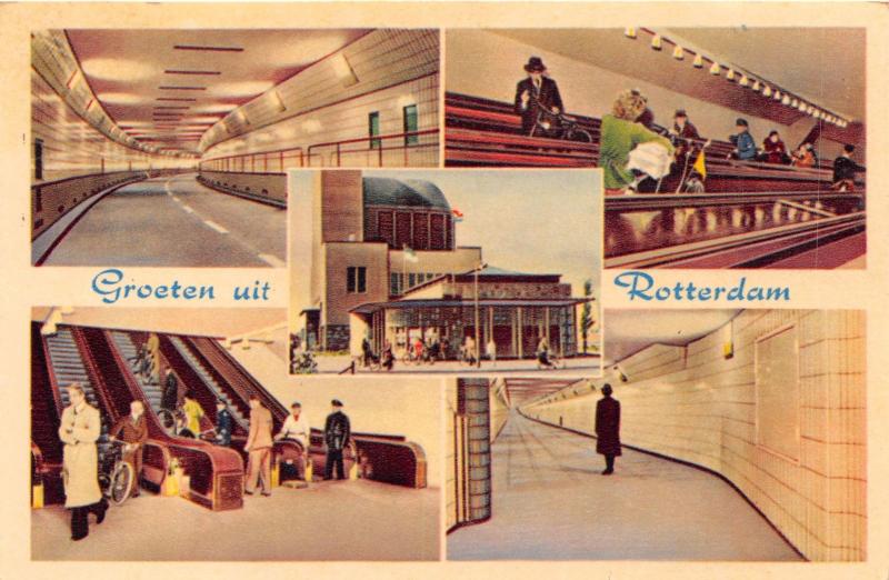 GROETEN UIT ROTTERDAM NETHERLANDS~TUNNEL~ESCALATORS MULTI IMAGE POSTCARD