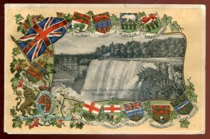 h1143- NIAGARA FALLS Ontario Postcard 1907 View from Goat Island. Patriotic Flag