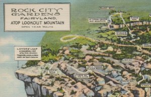 c1940s Fairyland Rock City Gardens Lookout Mountain TN birds eye map linen F56 