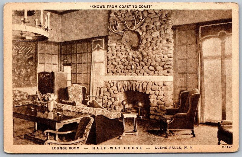 Vtg Glen Falls New York NY Half Way House Hotel Lounge Room 1930s View Postcard