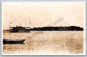 K49/ Gull Lake Michigan RPPC Postcard c1910 Island House Boat 220