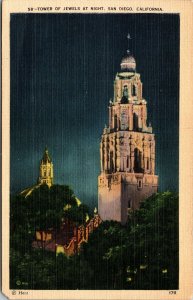 Vtg San Diego California CA Tower of Jewels at Night 1930s Linen Postcard