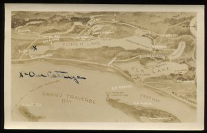 Grand Traverse Bay Michigan aerial view map. 1935 RPPC. Elk Lake, Torch Lake