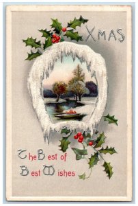 Christmas Postcard Holly Berries Winter Boat Embossed c1910's Unposted Antique