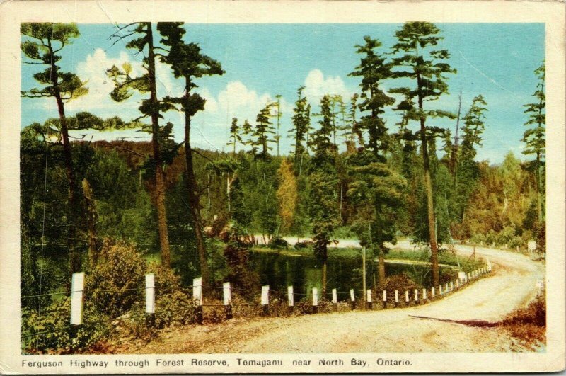 Ferguson Hwy Forest Reserve Temagam N Bay Ontario Canada WB Postcard VTG PM WOB 