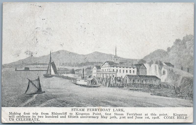 KINGSTON POINT NY STEAM FERRYBOAT LARK 1908 ANTIQUE POSTCARD w/ CORK CANCEL