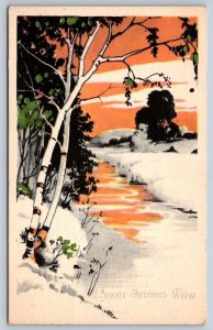 Sincere Christmas Wishes, Rural Winter Scene, Vintage 1925 Greetings Postcard